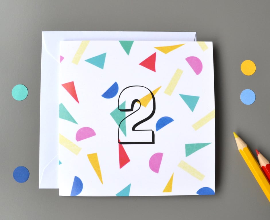 2nd Birthday Card, Age Two, Second Birthday Card, Confetti Card, Unisex 