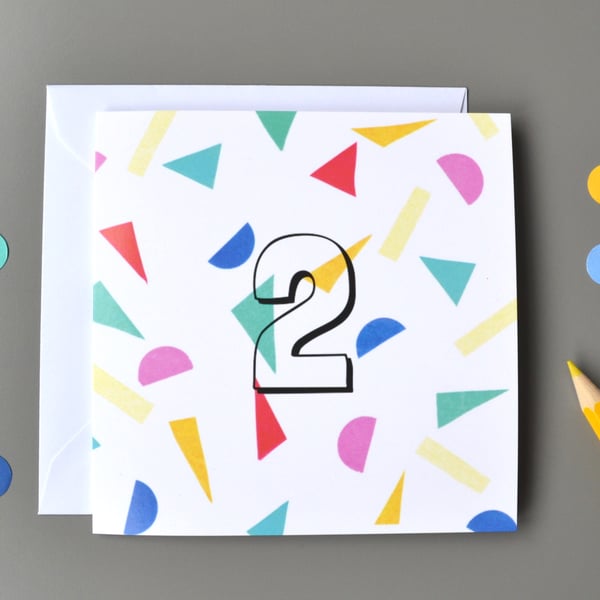 2nd Birthday Card, Age Two, Second Birthday Card, Confetti Card, Unisex 