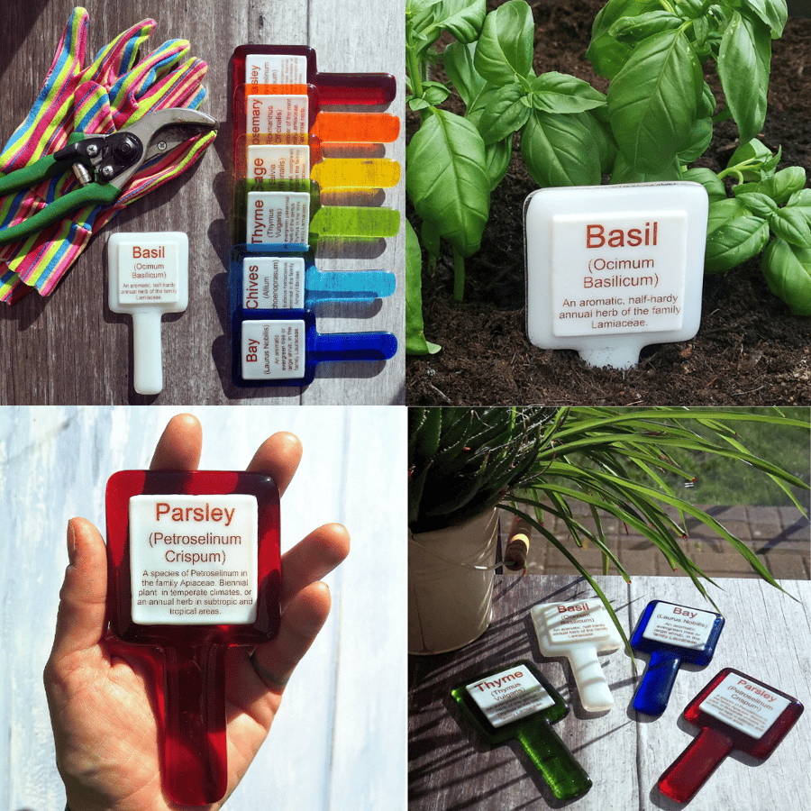 Handmade Fused Glass Vegetable Herb Garden Plant Name Label Marker Plant Stake