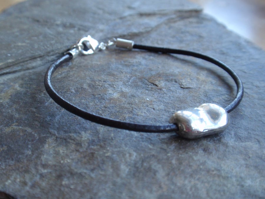 Dark brown leather stacking bracelet with silver tone nugget bean