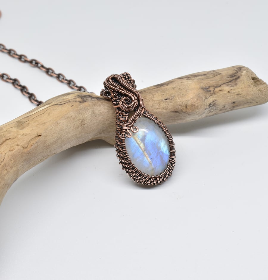 Wire Woven Rainbow Moonstone and Copper Pendant
