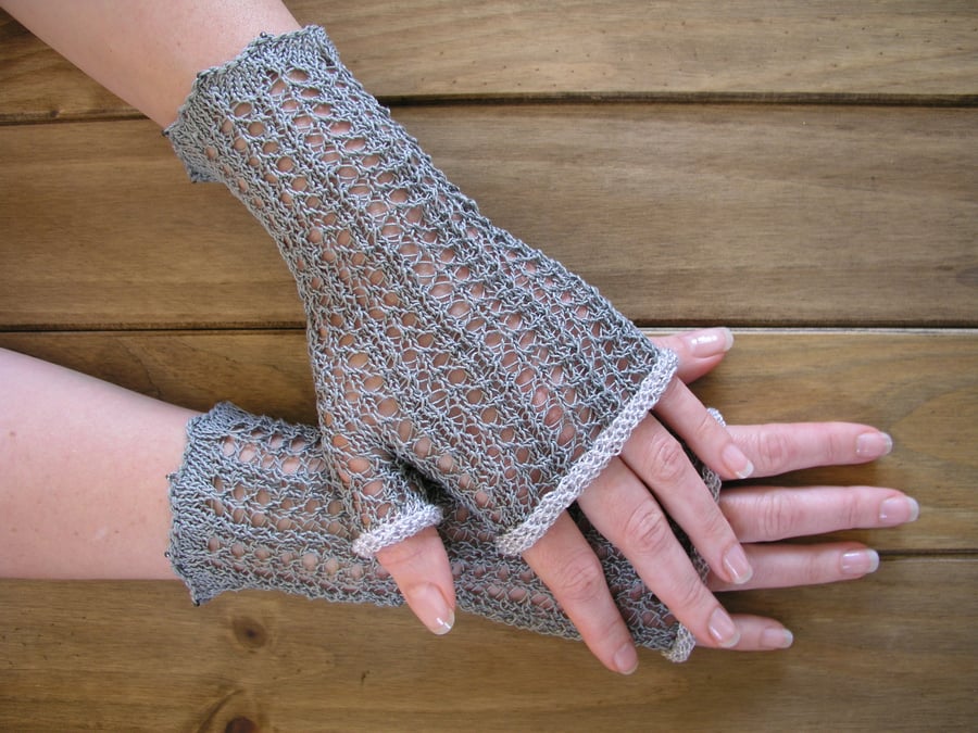 Hand knitted lace fingerless gloves wrist warmers