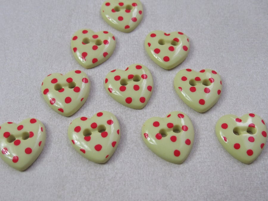 10 Pastel Yellow Spotty Heart Buttons
