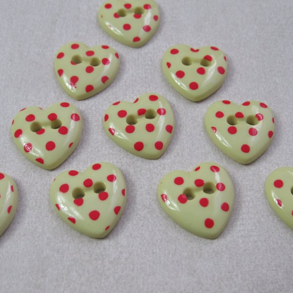 10 Pastel Yellow Spotty Heart Buttons