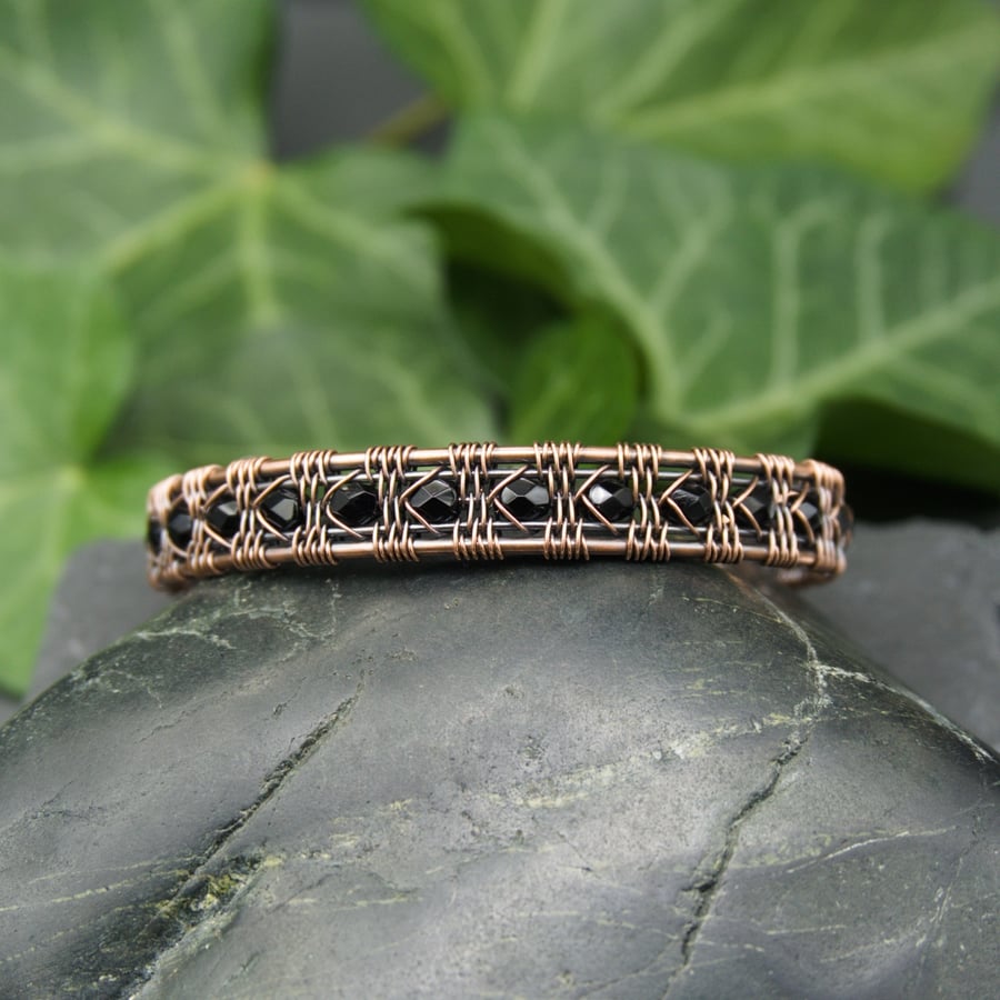 Snake Wire Weave Copper Cuff with Black Faceted Glass Beads