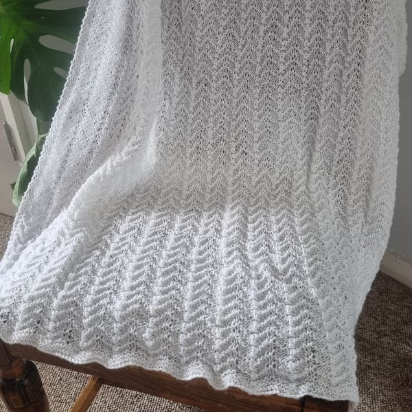 Hand knitted white baby blanket, car seat, pram blanket