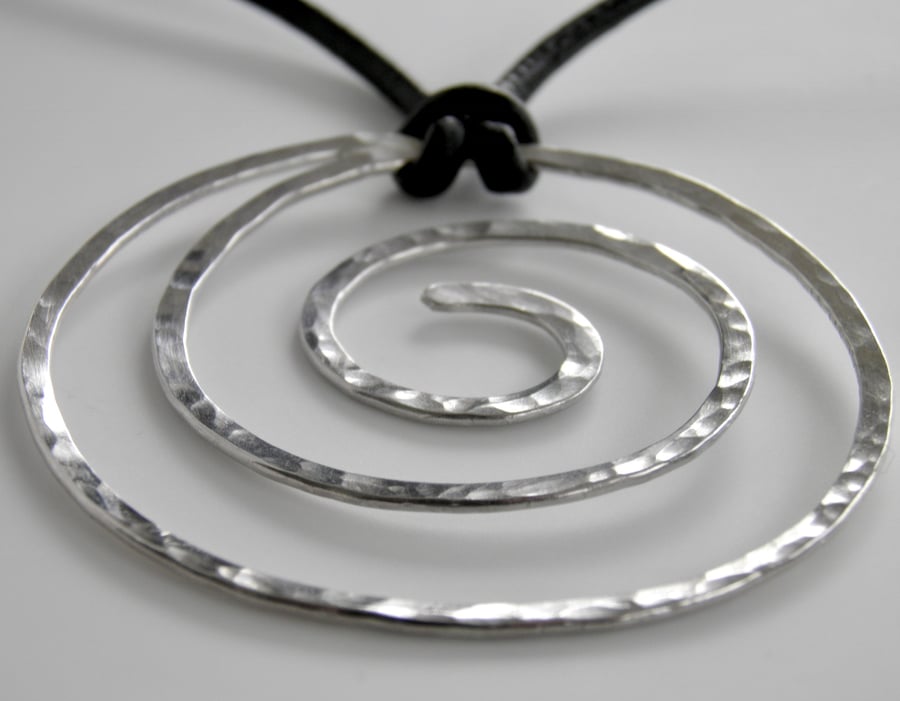 Large Sterling Silver Spiral Necklace on Leather Statement Necklace