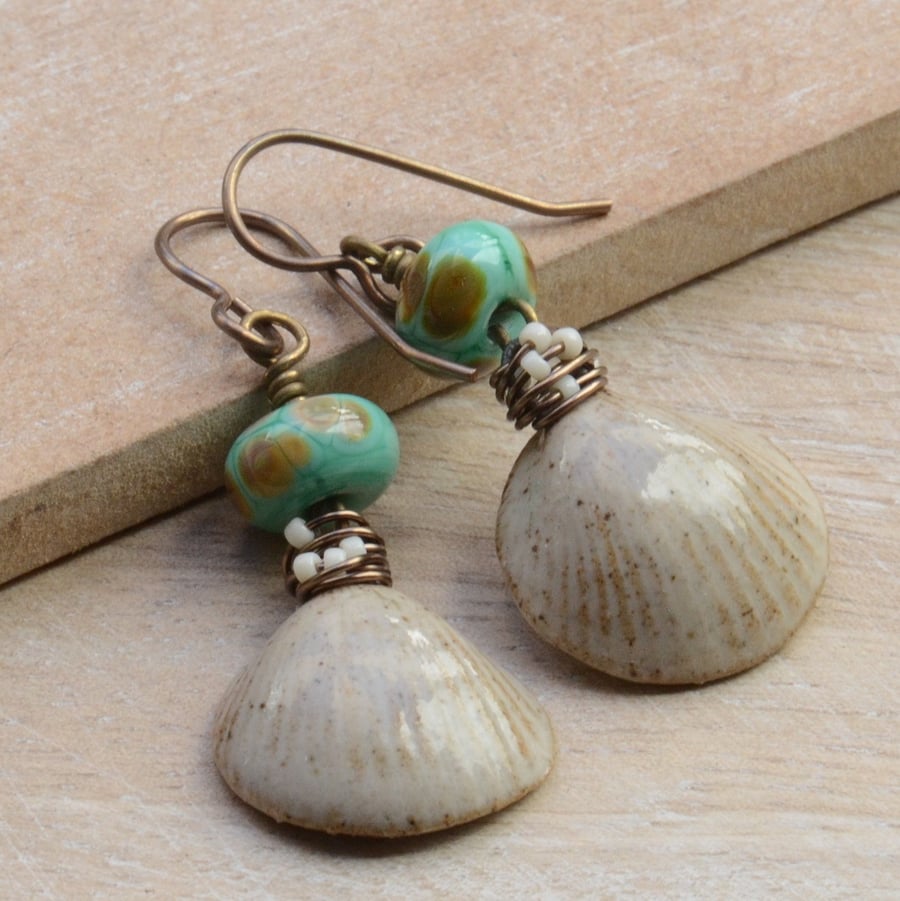 Beige Ceramic Shell Earrings with Turquoise Lampwork Glass Beads