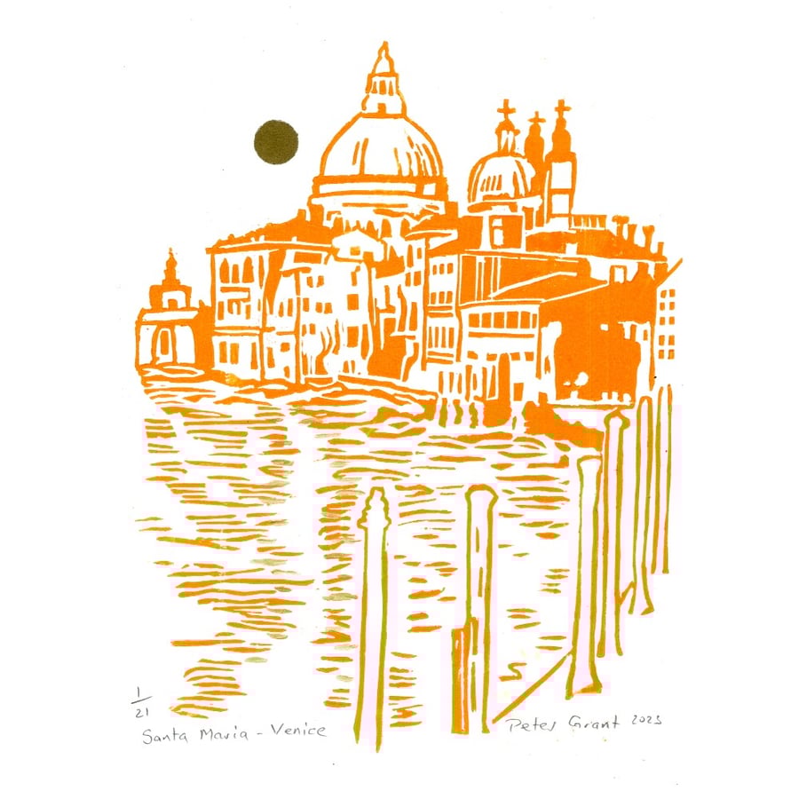 Linocut print of Santa Maria del Salute in Venice original handprinted art.