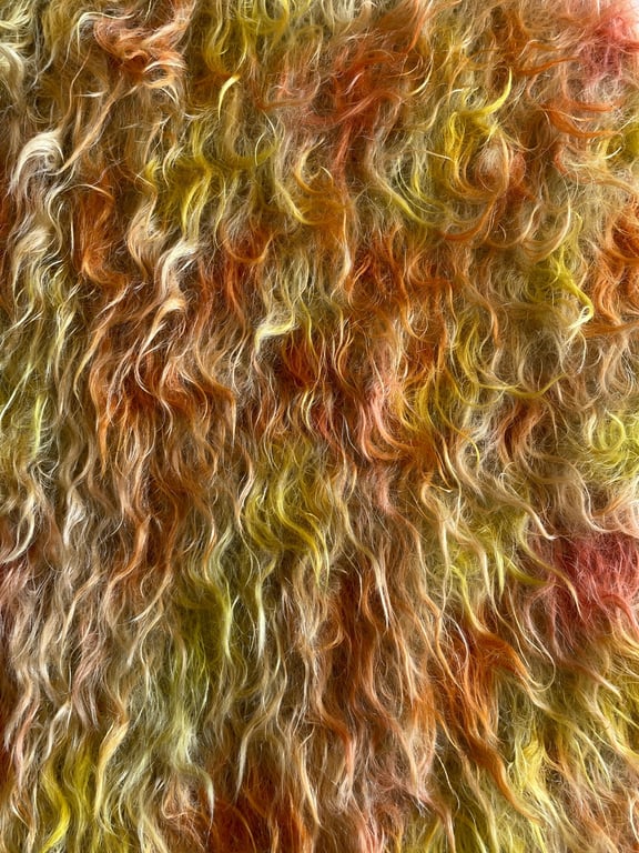Hand dyed Helmbold mohair fur fabric "Citrus Burst" on 35mm