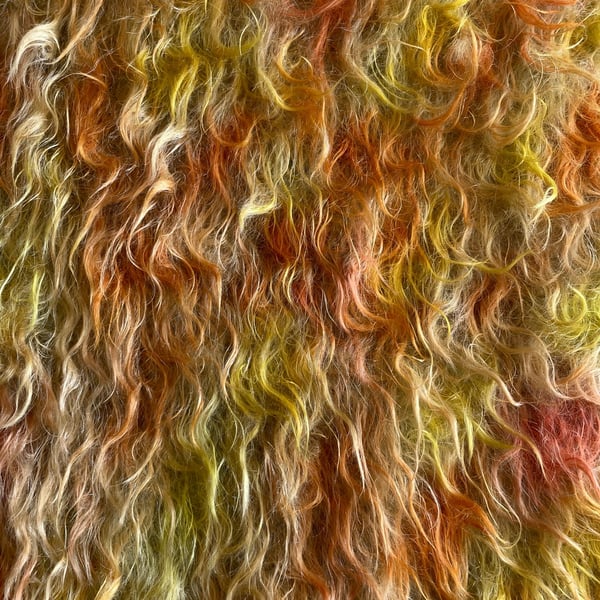 Hand dyed Helmbold mohair fur fabric "Citrus Burst" on 35mm