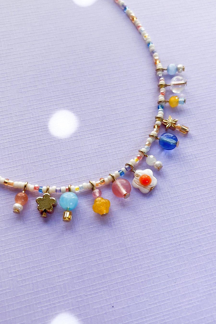 Beachy Peach & Blue Handmade Beaded Charm Necklace – Boho Summer Jewellery