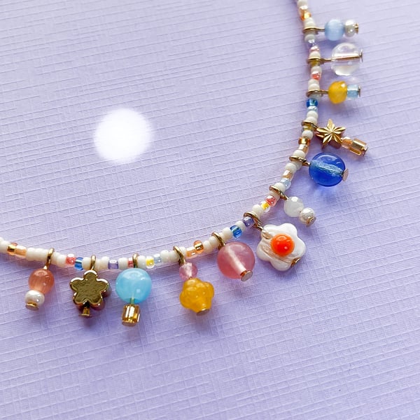Beachy Peach & Blue Handmade Beaded Charm Necklace – Boho Summer Jewellery
