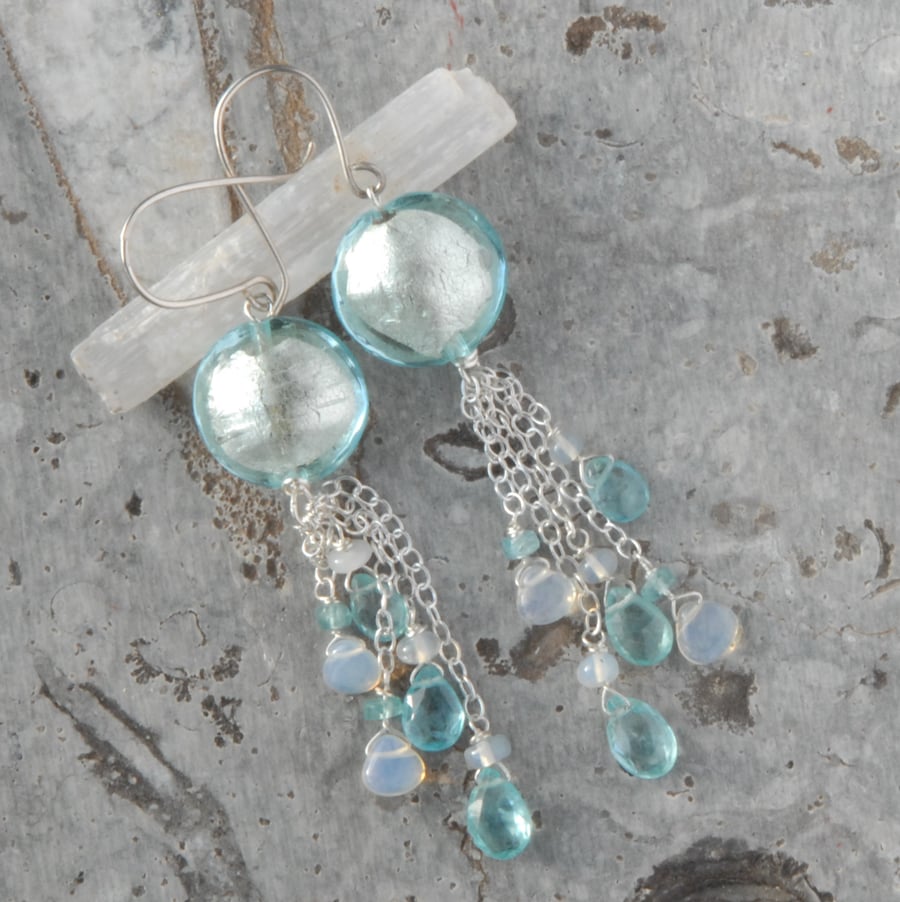 Sterling silver earrings with murano glass, apatite and opals