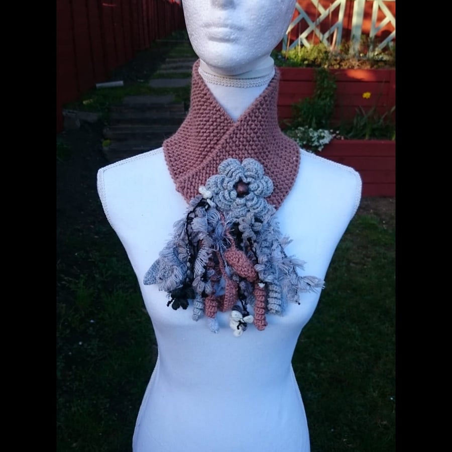 Rose Pink Chunky Crochet Necklace - Hand Knit Neck Wrap Scarf 