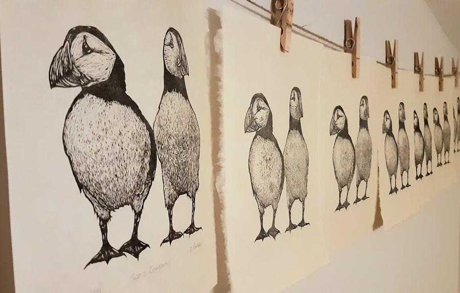 Two's Company - an original linoprint of a pair of puffins
