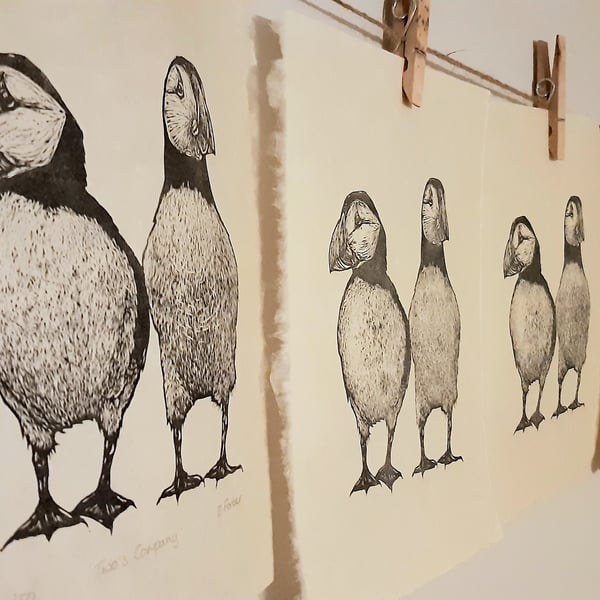 Two's Company - an original linoprint of a pair of puffins