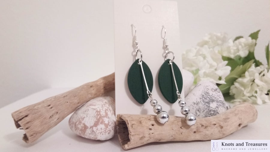 Green Wooden Leaf Pendant and Silver Bead Dangle Earrings