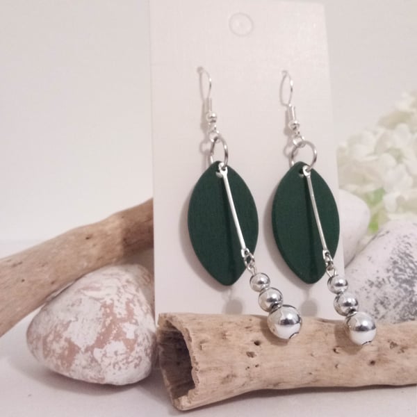 Green Wooden Leaf Pendant and Silver Bead Dangle Earrings