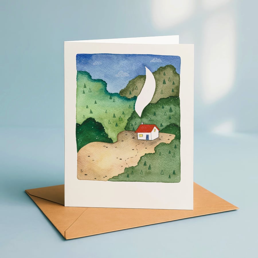 Image of Forest Cabin, A6 giclée greetings card with recycled brown envelope