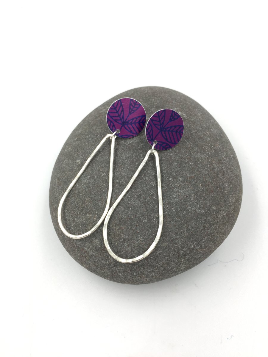 Dark pink leaf studs with silver wire drop