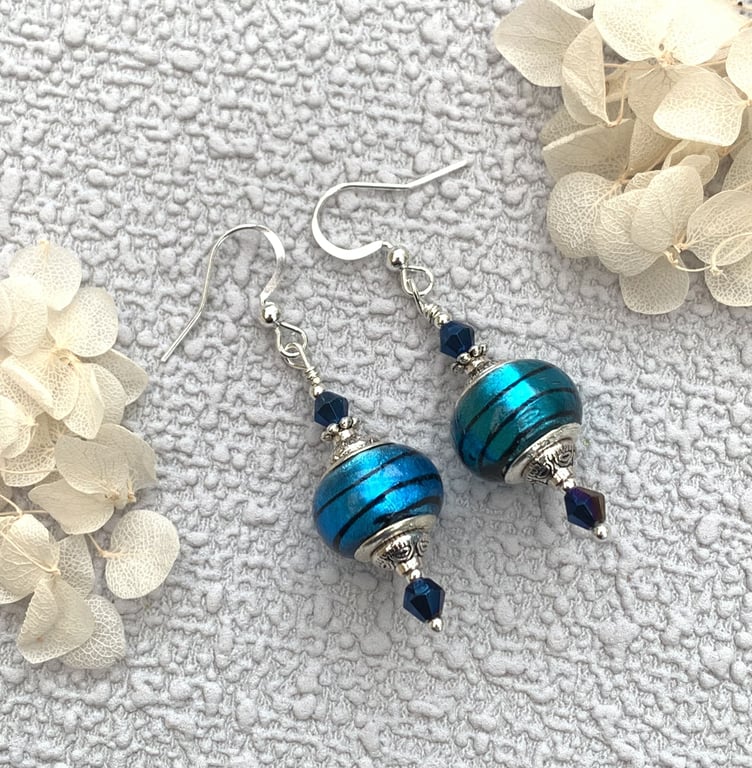 Vintage Style Blue Glass Drop Earrings