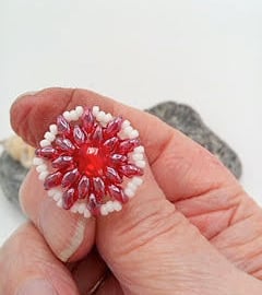 Hand Sewn Red and White Beaded Mandala Adjustable Ladies Statement Ring