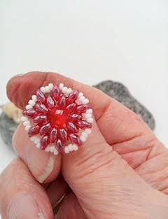 Hand Sewn Red and White Beaded Mandala Adjustable Ladies Statement Ring
