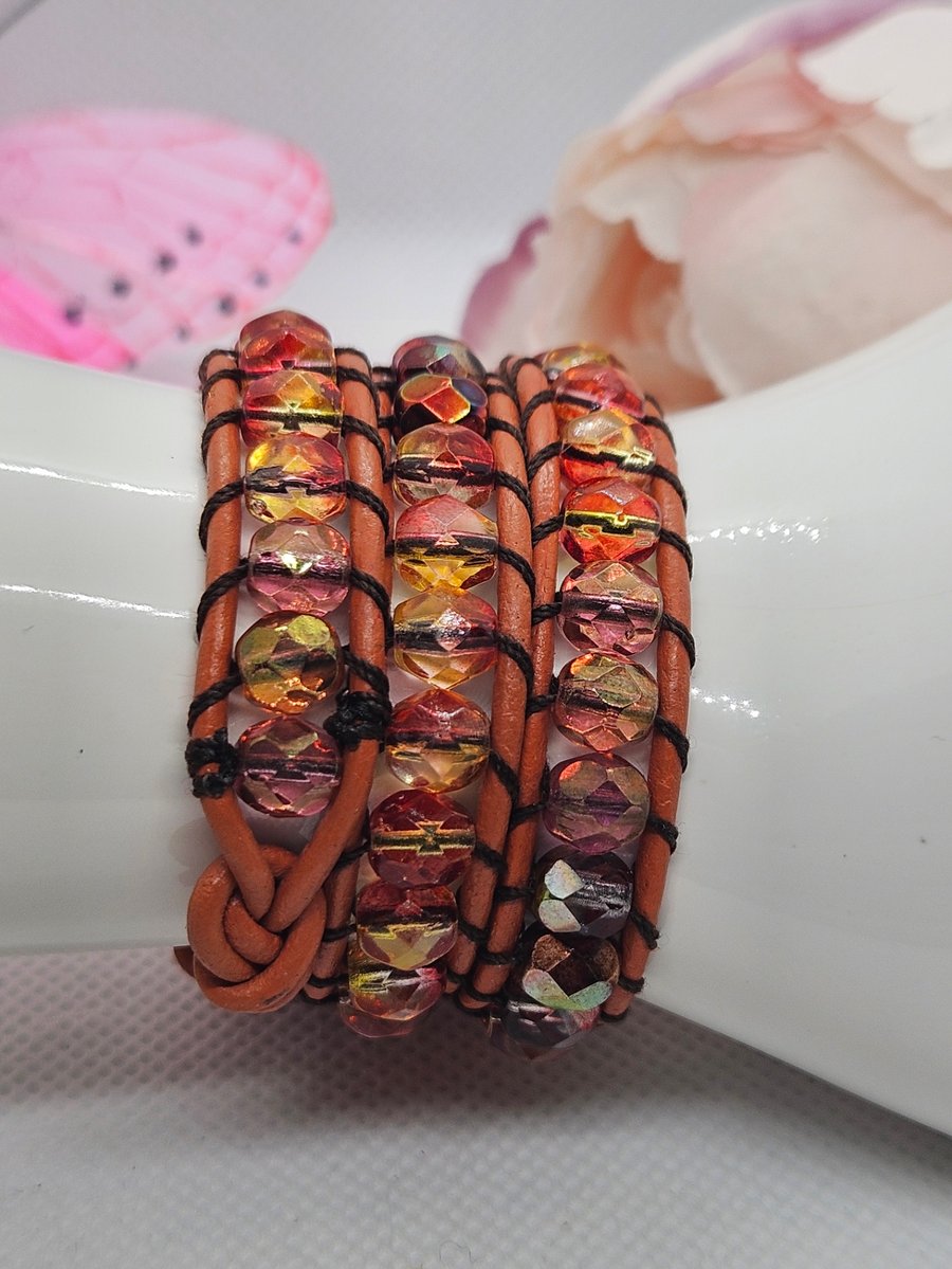 Watermelon double leather wrap bracelet with patterned closure