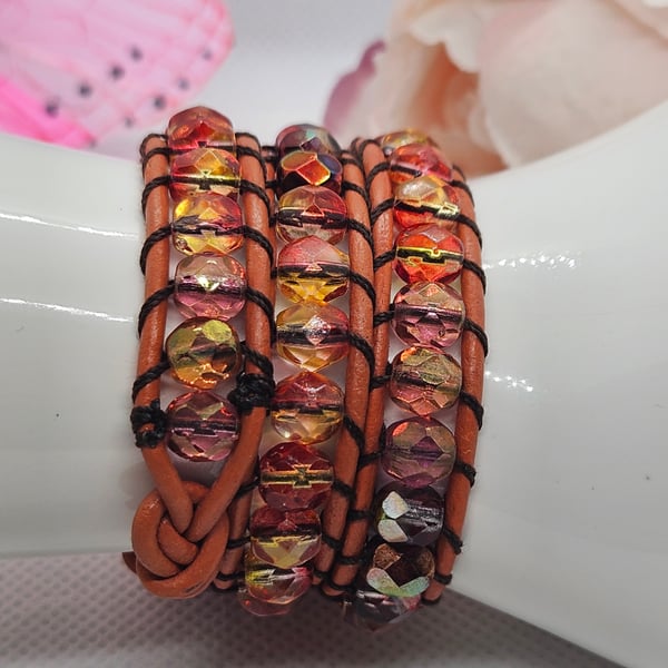 Watermelon double leather wrap bracelet with patterned closure