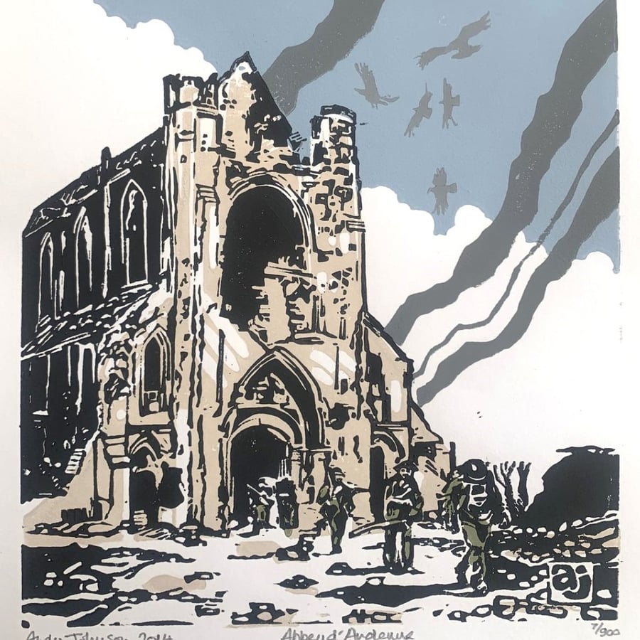 Abbey d' Ardenne one of a collection of linocut prints celebrating the 70th D-Da