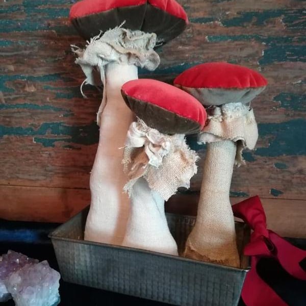 Large primitive, folk art style textile art sculpture,velvet toadstool display