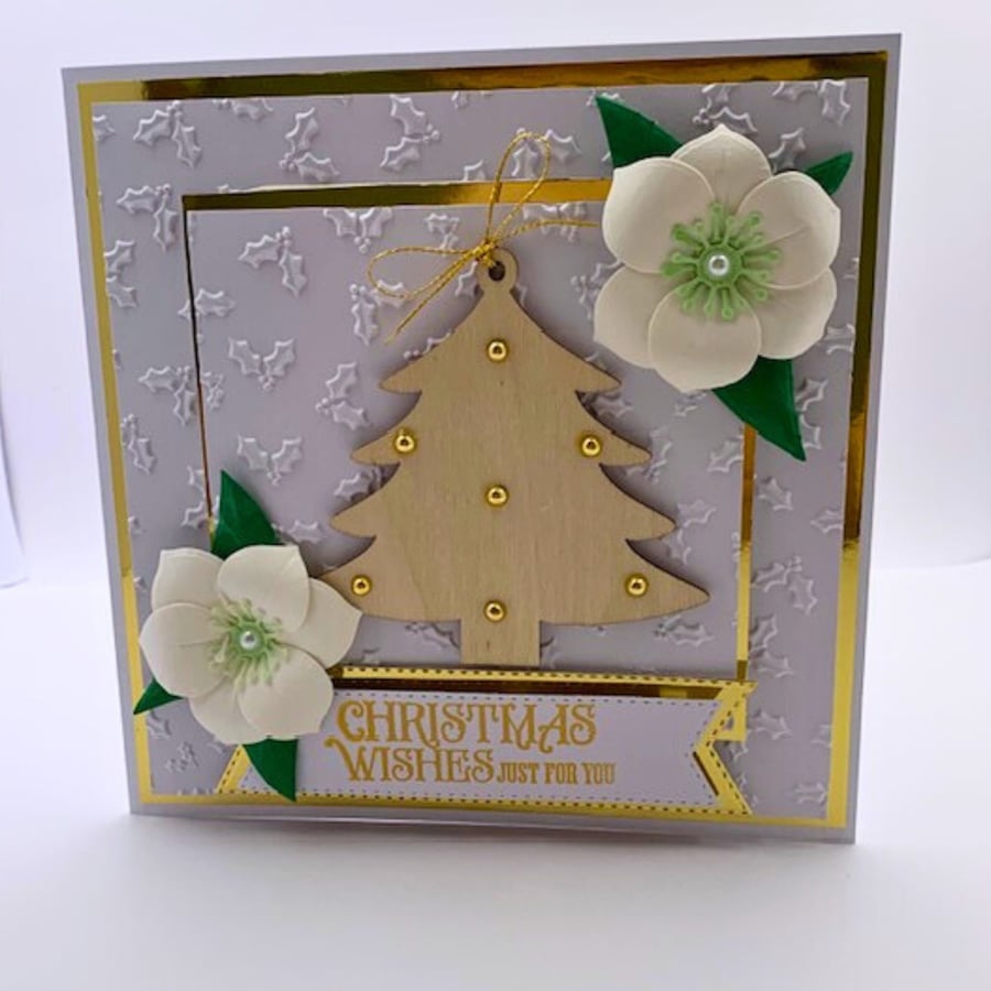 Luxury Handmade Christmas Card - Christmas Tree & Christmas Rose, Boxed Keepsake