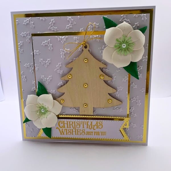 Luxury Handmade Christmas Card - Christmas Tree, Christmas Rose, Boxed Keepsake