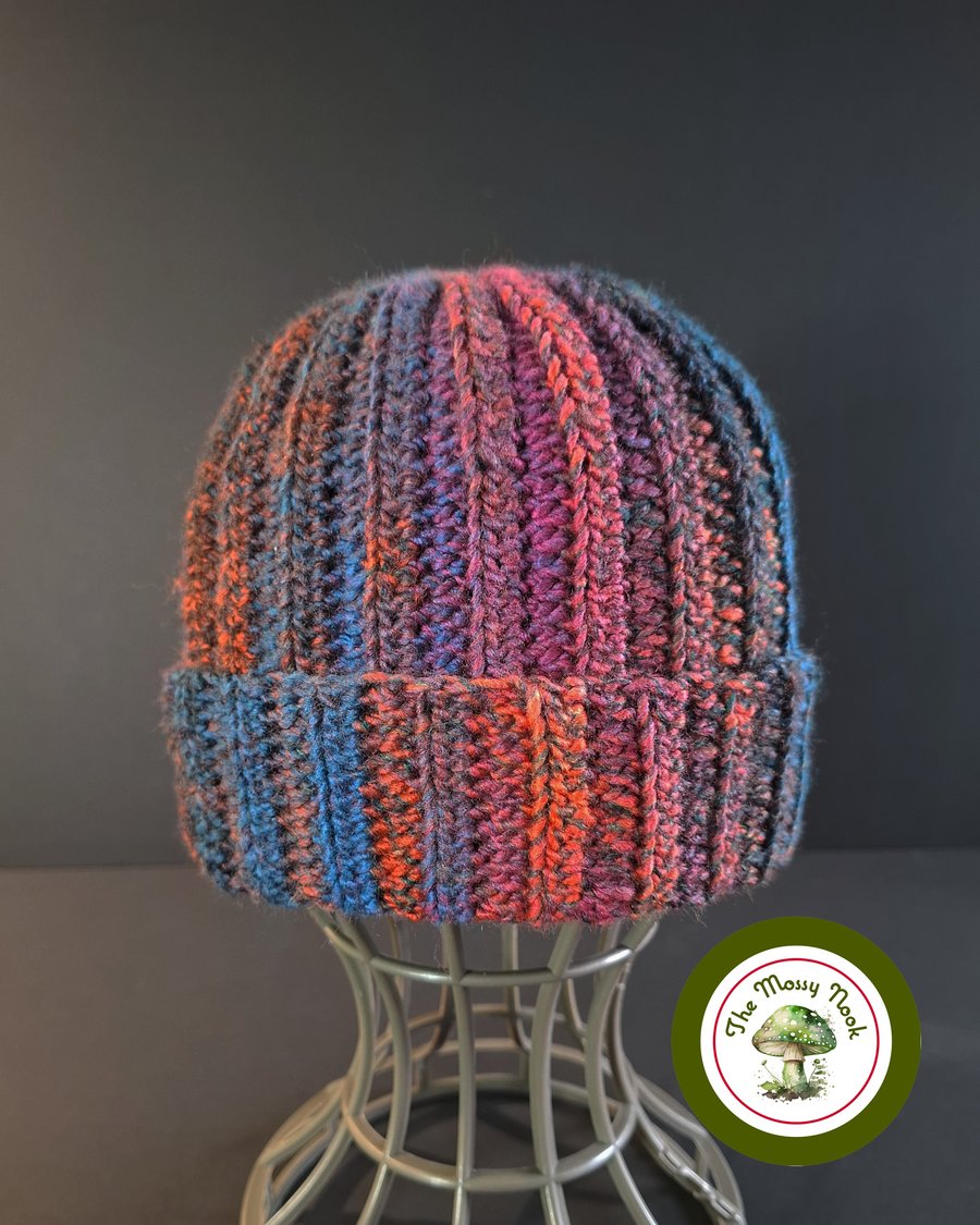 Ribbed Beanie Hat, Cuffed. Unisex. Handmade Crochet. Striped. 