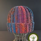 Ribbed Beanie Hat, Cuffed. Unisex. Handmade Crochet. Striped. 