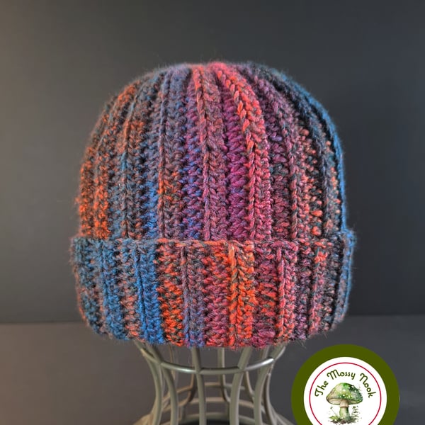 Ribbed Beanie Hat, Cuffed. Unisex. Handmade Crochet. Striped. 