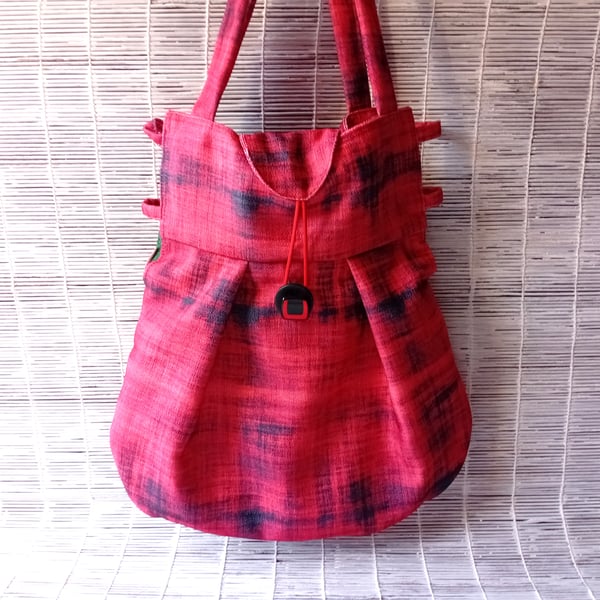 RED Bag with Charcoal Grey, hand held, rounded base with pleats