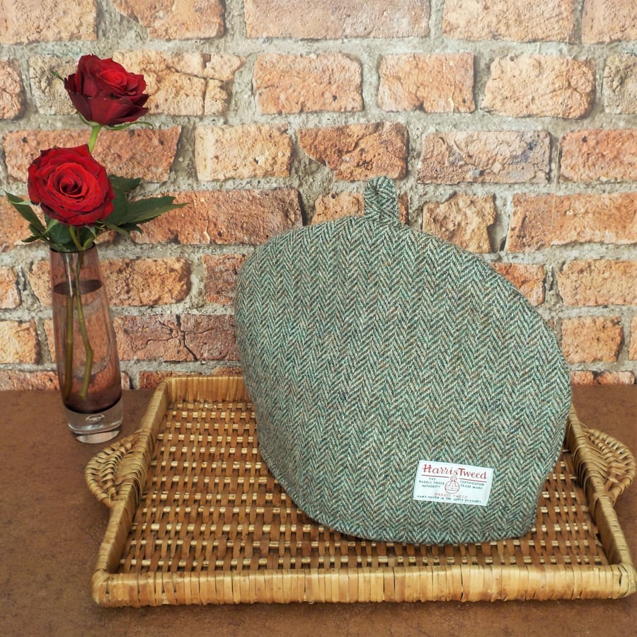Harris Tweed tea cosy olive green herringbone fabric teapot cover