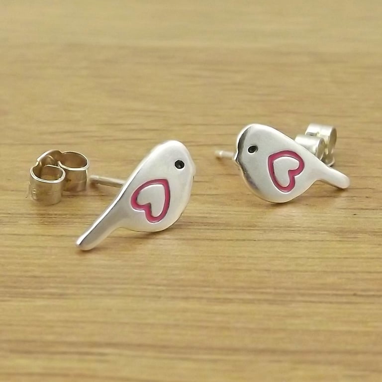 Bird Stud Earrings (coloured), Handmade Silver Jewellery, 6 colours available