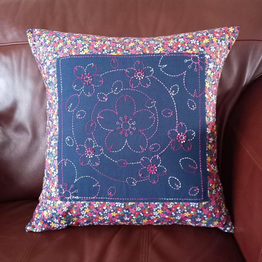 Japanese Blossoms hand embroidered cushion