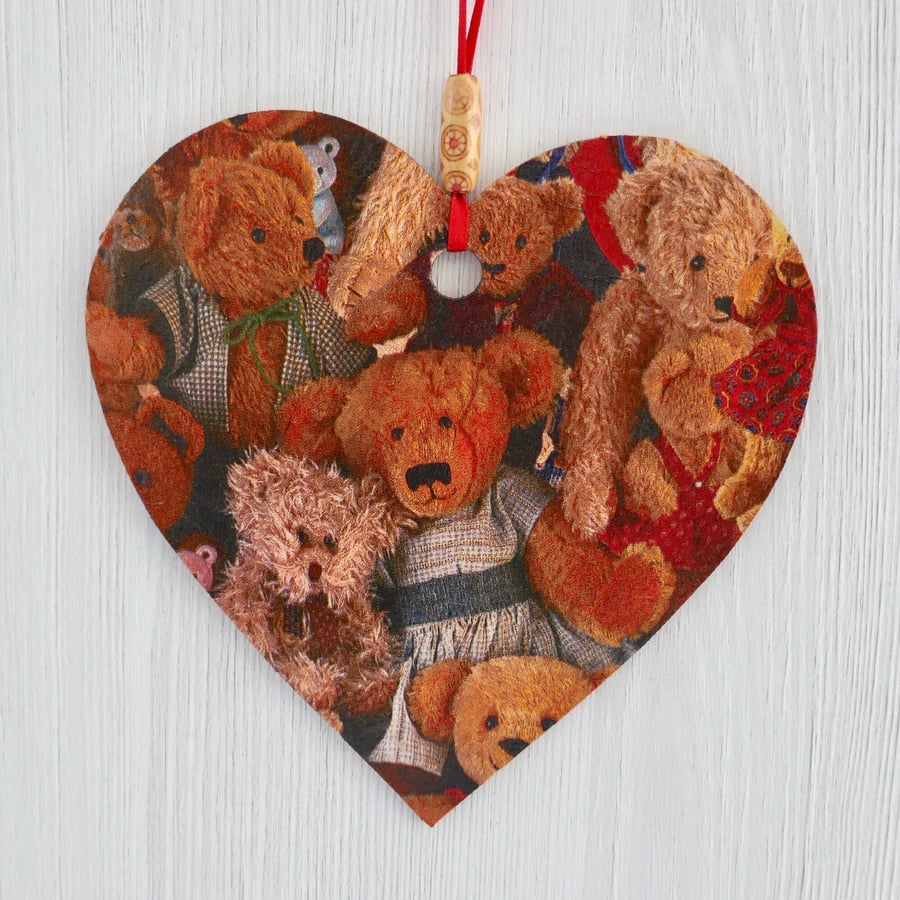 Decoupaged Wooden Hanging Heart: Teddy Bear design 6” (15cm)