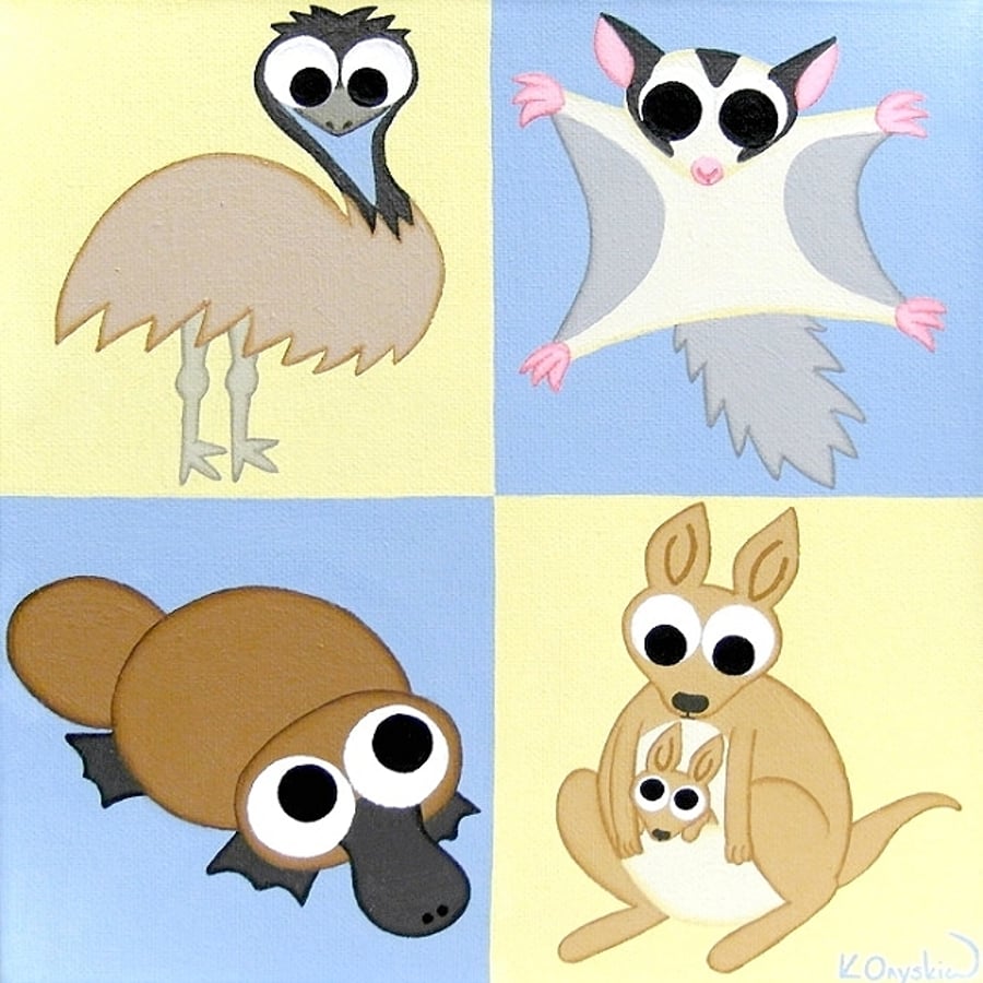 Australian Animals Nursery Art - cute emu, sugar glider, platypus and kangaroo