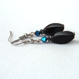 Black onyx and blue crystal dangly earrings