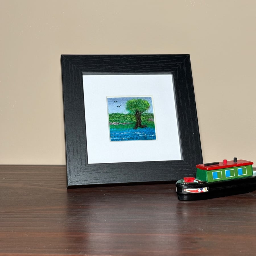 Wool & textile needle felted picture, 4"x4" framed, riverside walk