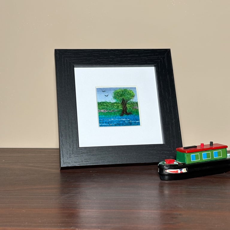 Wool & textile needle felted picture, 4"x4" framed, riverside walk