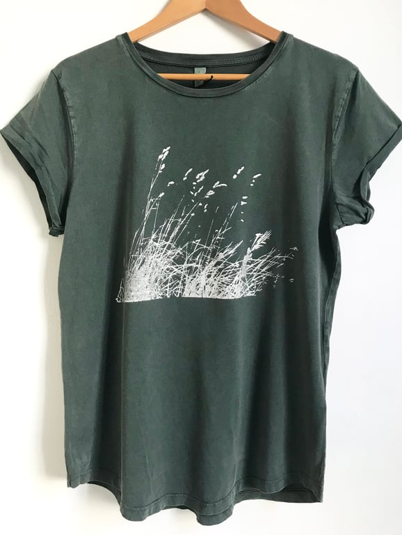 Wild Grasses Womens organic cotton stonewash green T shirt 