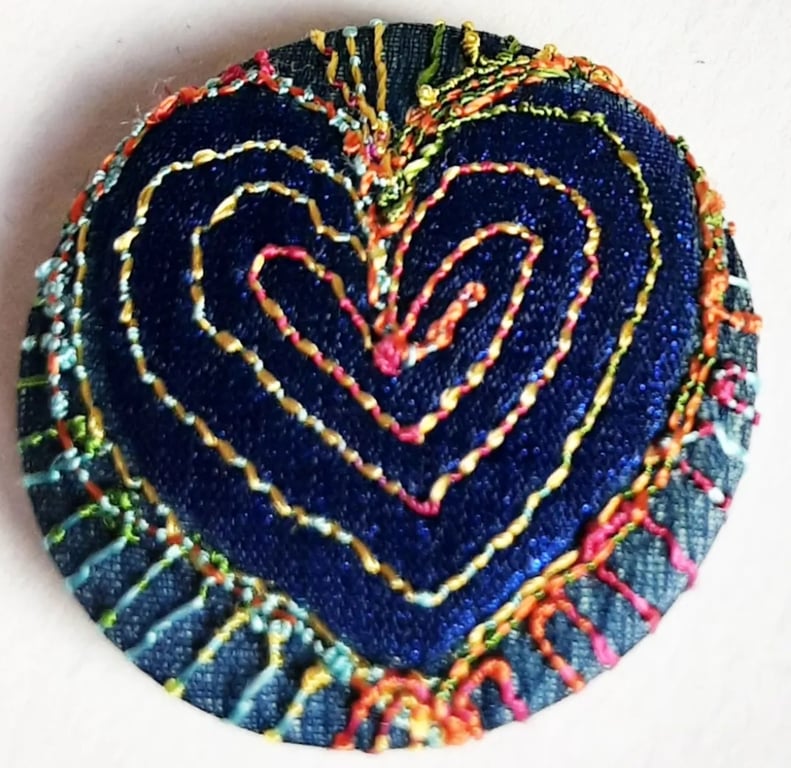 One Inch Button Heart Fabric Button with Free Machine Embroidery 