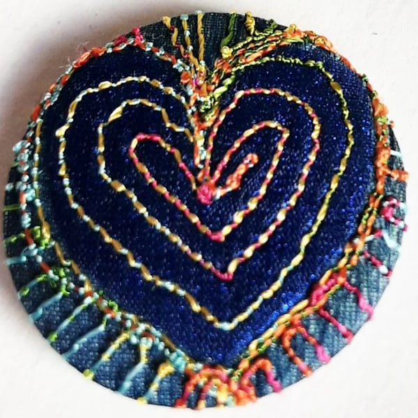 One Inch Button Heart Fabric Button with Free Machine Embroidery 