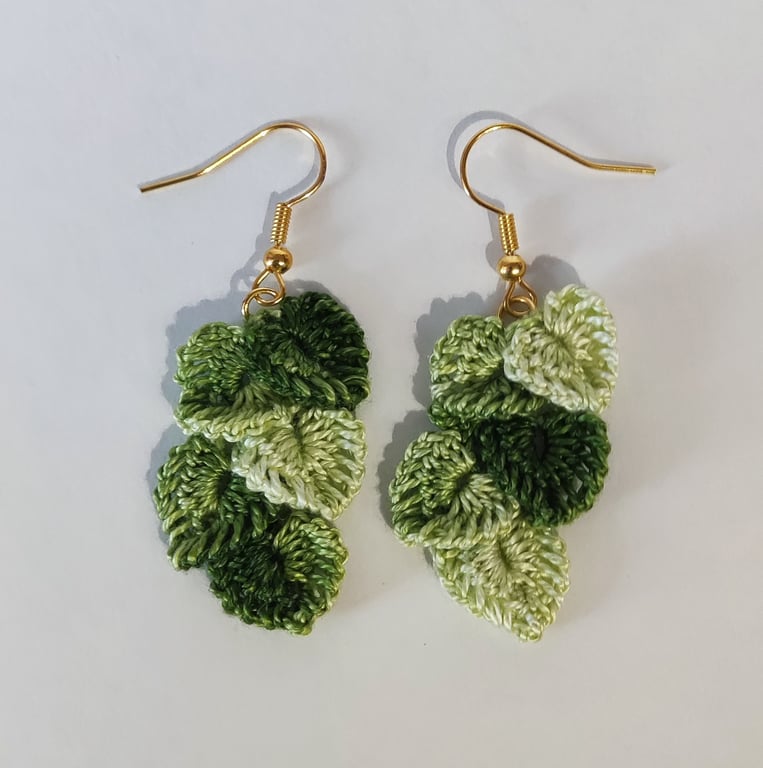Green Leaf Vine Crocheted Earrings with Gold-plated Hooks